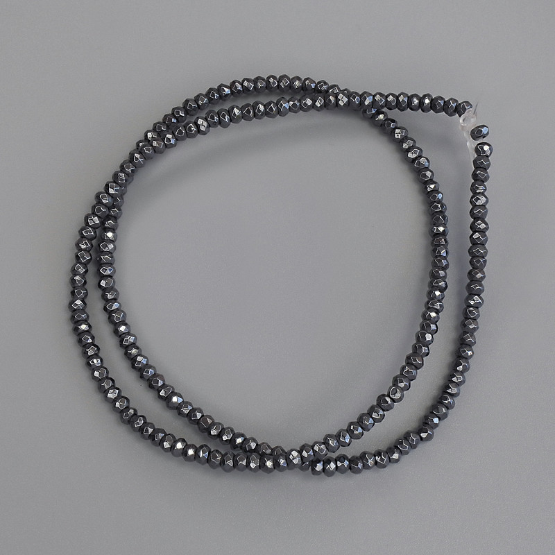 Hematite Faceted Rondelle Beads 3x2mm+/-, on fishing line, length 39cm+