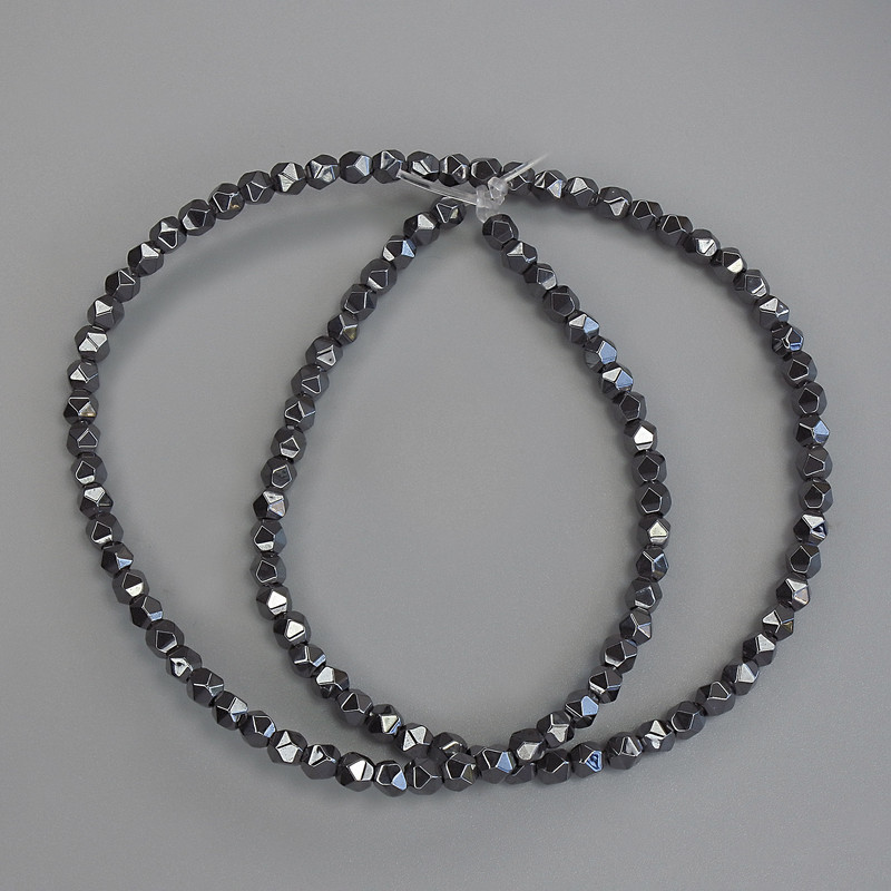 Hematite Beads, multifaceted, 4×3.5 mm, on thread, length about 40 cm