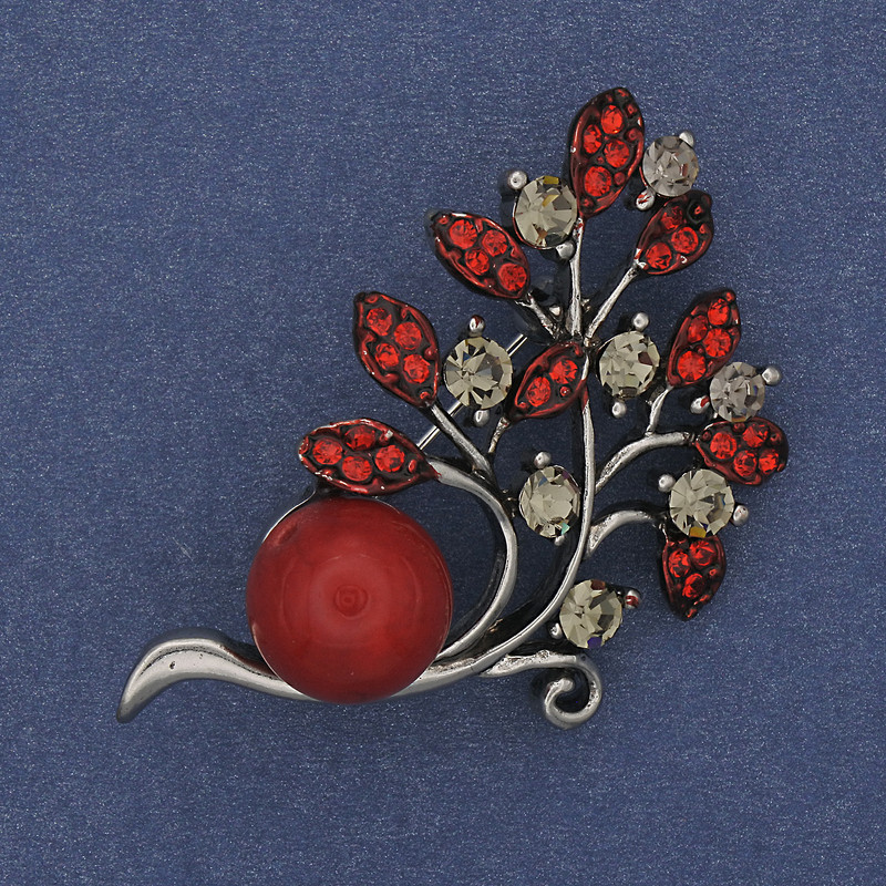 Brooch Branch of Bead Coral Crystals Silver Metal 48x28mm