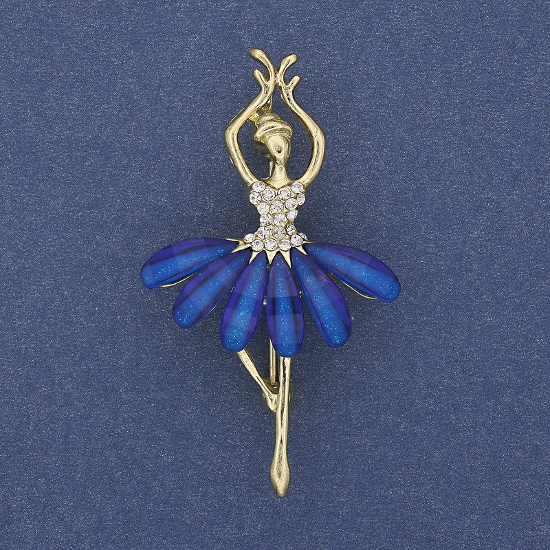 Brooch Pendant Ballet Dancer with White Crystals and Gold-Tone Metal 50x28mm