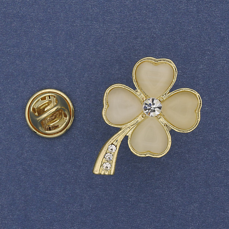 Clover Cat's Eye Brooch, Rhinestones, Gold-Tone Metal 19x30mm+