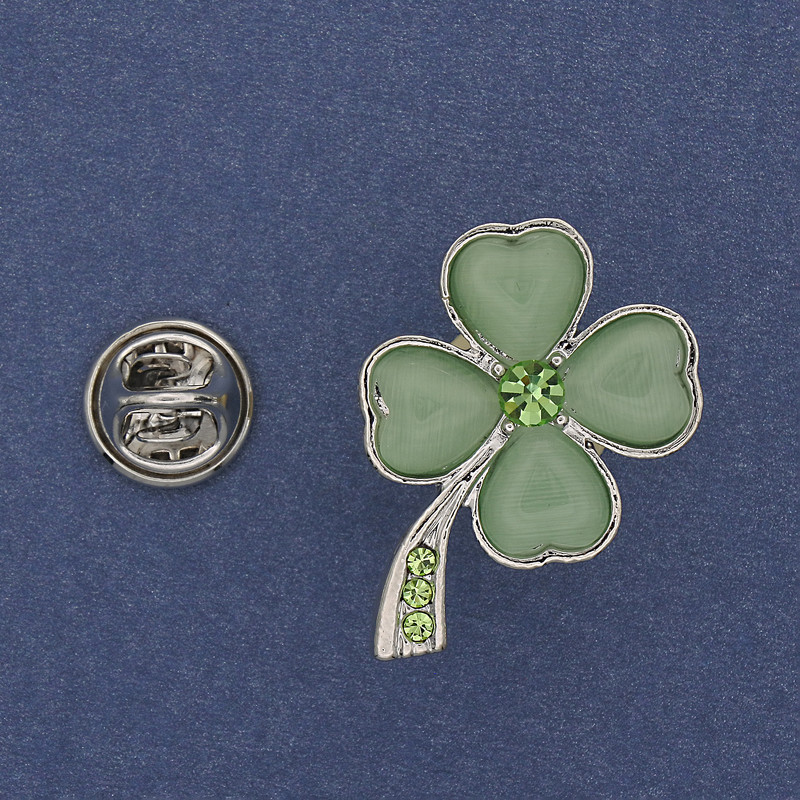Clover Brooch Green Cat's Eye Rhinestones Silver-tone Metal 19x30mm+