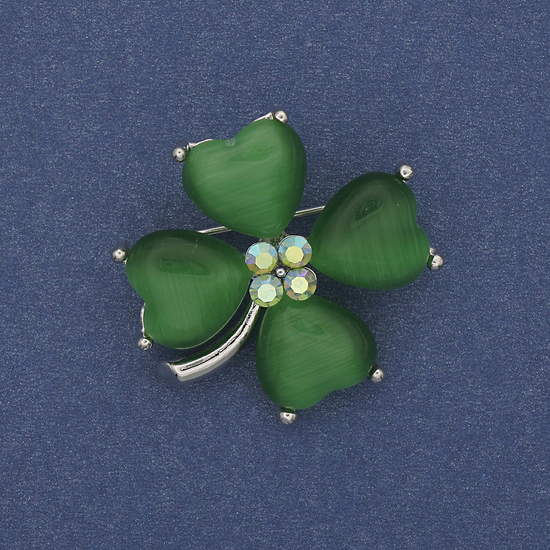 Clover Brooch Green Cat's Eye Rhinestones Silver-tone Metal 31x31mm+