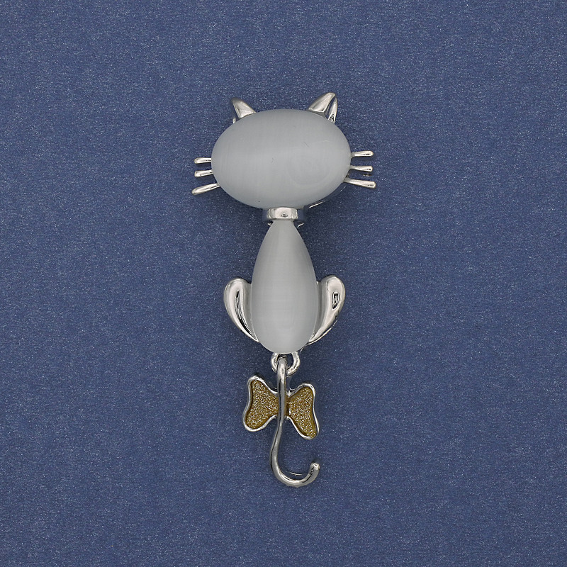 Cat Brooch Pendant Cat's Eye Silver-tone Metal 49x25mm+