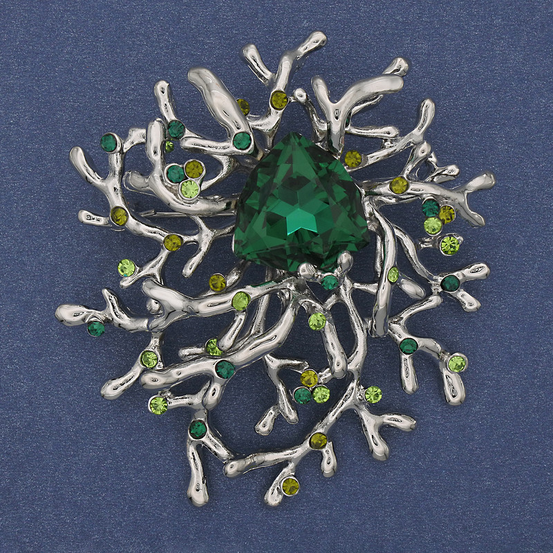 Accent Brooch Pendant Green Crystal Rhinestones Silver-tone Metal 55x62mm+
