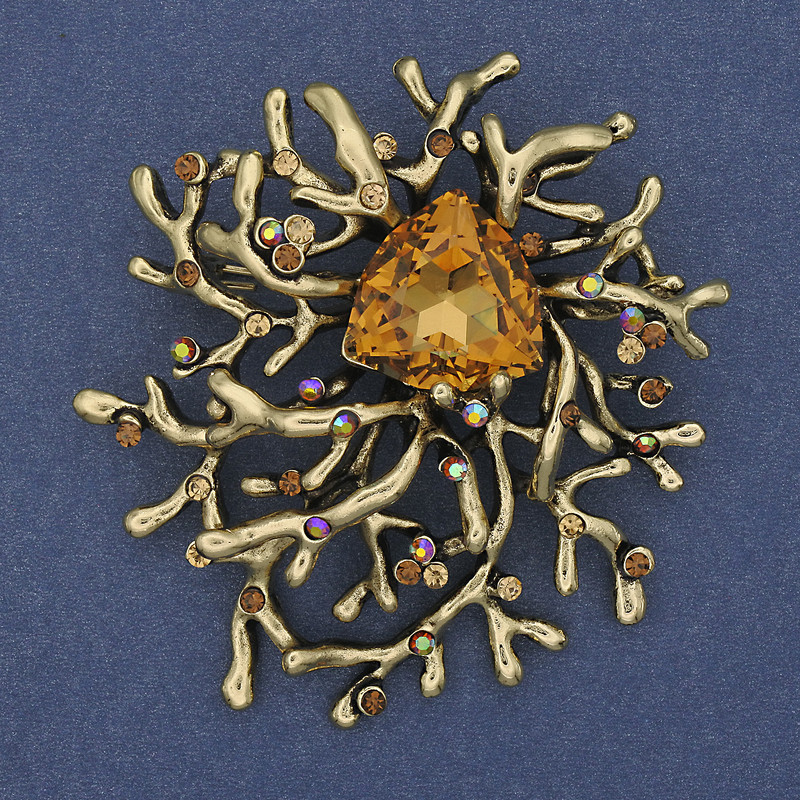 Accent Brooch Pendant, Yellow Crystal, Rhinestones, Gold-Tone Metal 55x62mm+