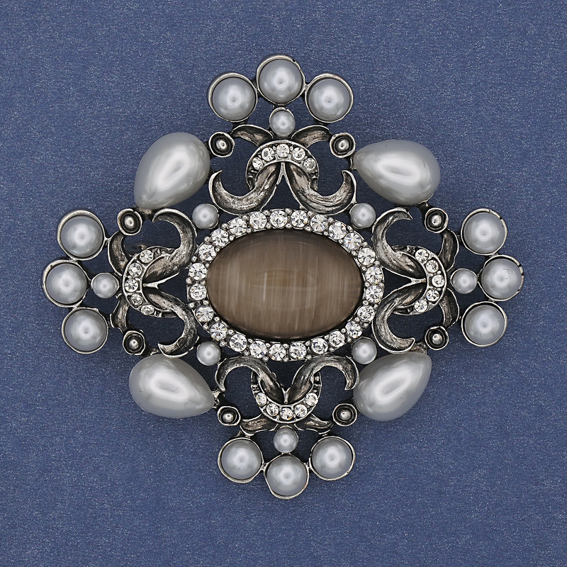 Brooch Pendant Accent Pearls Cat's Eye White Rhinestones Silver-Tone Metal 53x58mm+