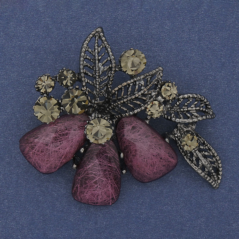 Brooch Pendant Accent with Pink Aquarium Effect Grey Rhinestones Silver-Tone Metal 43x48mm+