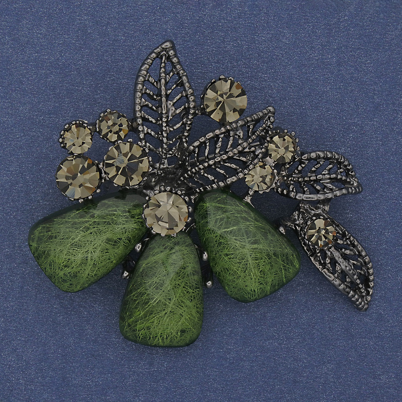 Brooch Pendant Accent with Green Aquarium Effect Grey Rhinestones Silver-Tone Metal 43x48mm+