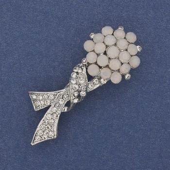 Bow Brooch White and White Matte Rhinestones Silver-Tone Metal, Diameter 48x17mm +