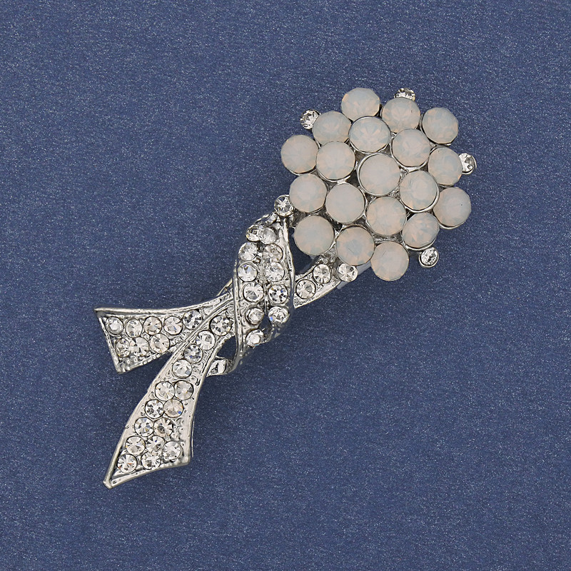 Bow Brooch White and White Matte Rhinestones Silver-Tone Metal, Diameter 48x17mm +