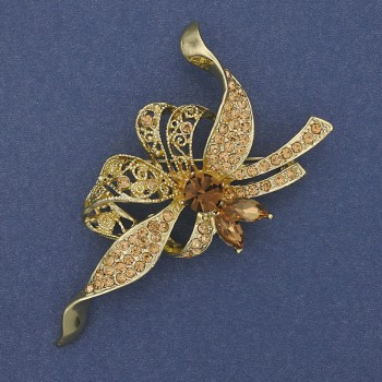 Bow Brooch Yellow Rhinestones Gold-Tone Metal, Diameter 72x43mm +