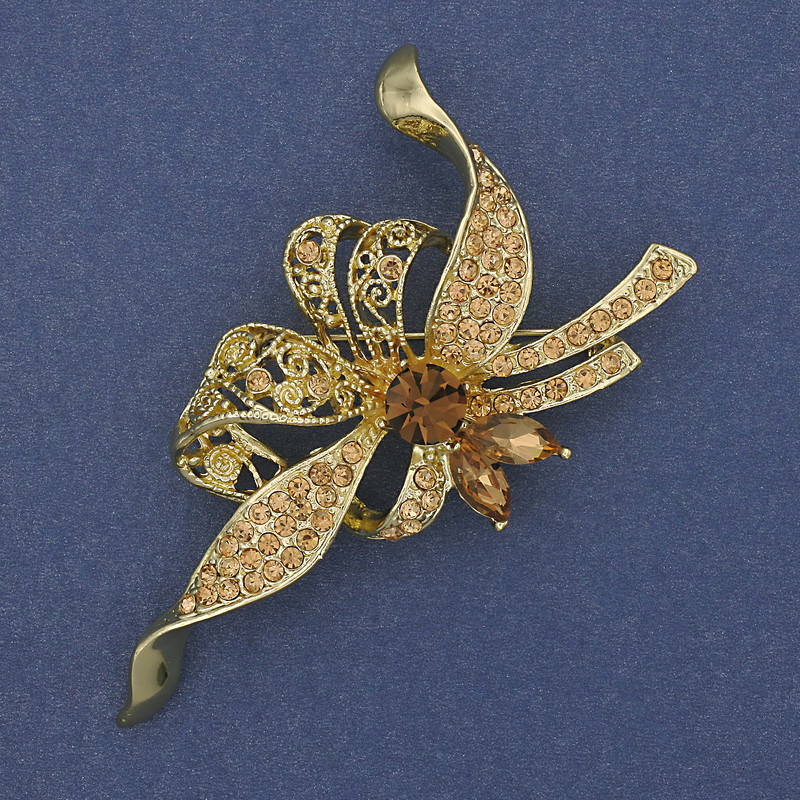 Bow Brooch Yellow Rhinestones Gold-Tone Metal, Diameter 72x43mm +