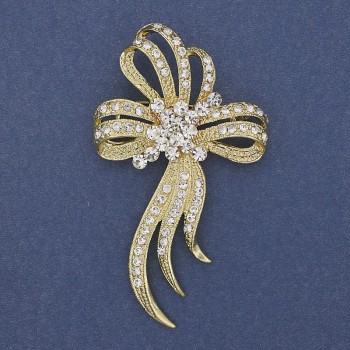 Bow Brooch White Rhinestones Gold-Tone Metal, Diameter 72x43mm +