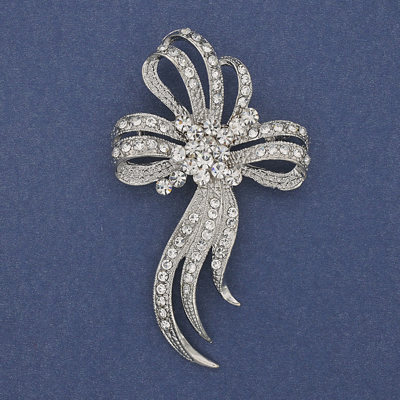 Bow Brooch White Rhinestones Silver-Tone Metal, Diameter 72x43mm+