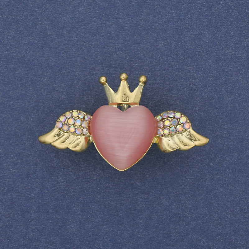 Brooch Pendant Pink Heart Cat's Eye Rhinestones Gold-Tone Metal 31x18mm+