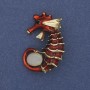 Seahorse Brooch Pendant Cat's Eye Red Enamel Gold-Tone Metal 37x27mm+