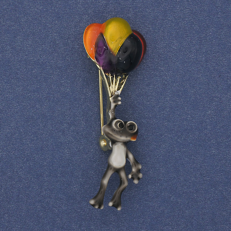 Frog with Balloons Brooch Pendant Enamel Gold-Tone Metal 48x17mm+