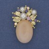 Accent Brooch Pendant Rose Quartz Rhinestones Faux Pearls Gold-Tone Metal 40x30mm+