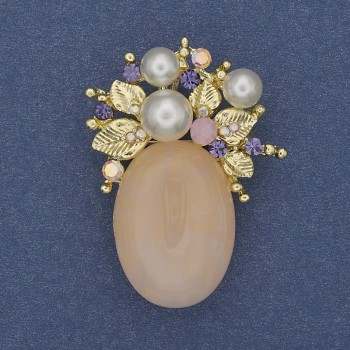 Accent Brooch Pendant Rose Quartz Rhinestones Faux Pearls Gold-Tone Metal 40x30mm+