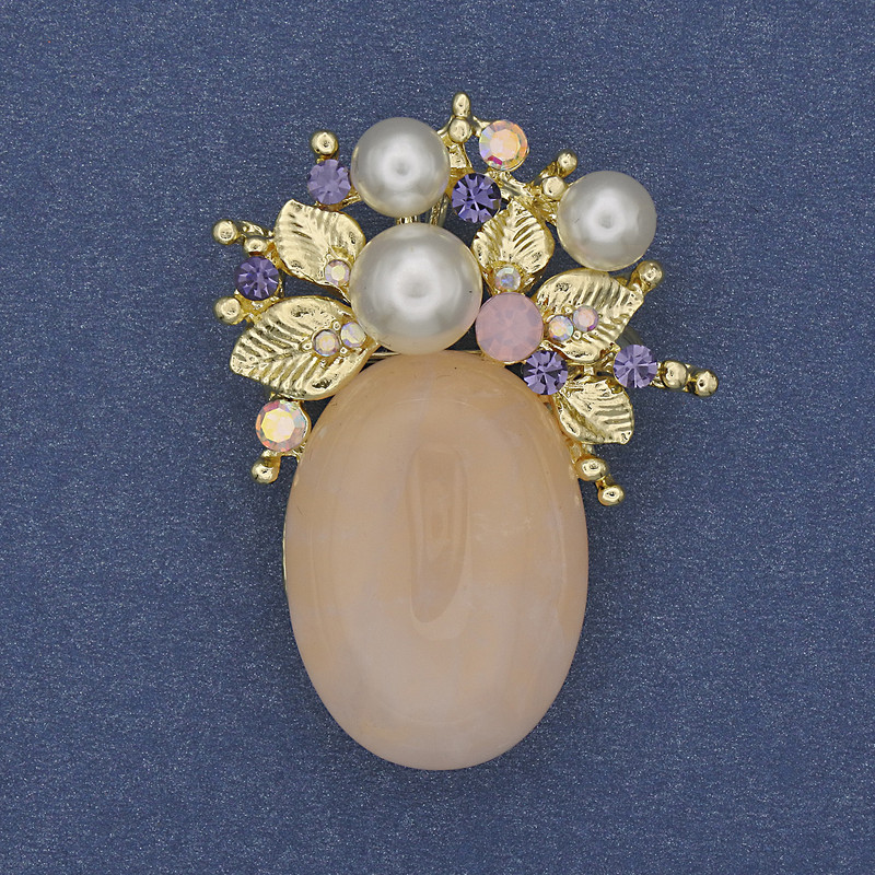 Accent Brooch Pendant Rose Quartz Rhinestones Faux Pearls Gold-Tone Metal 40x30mm+