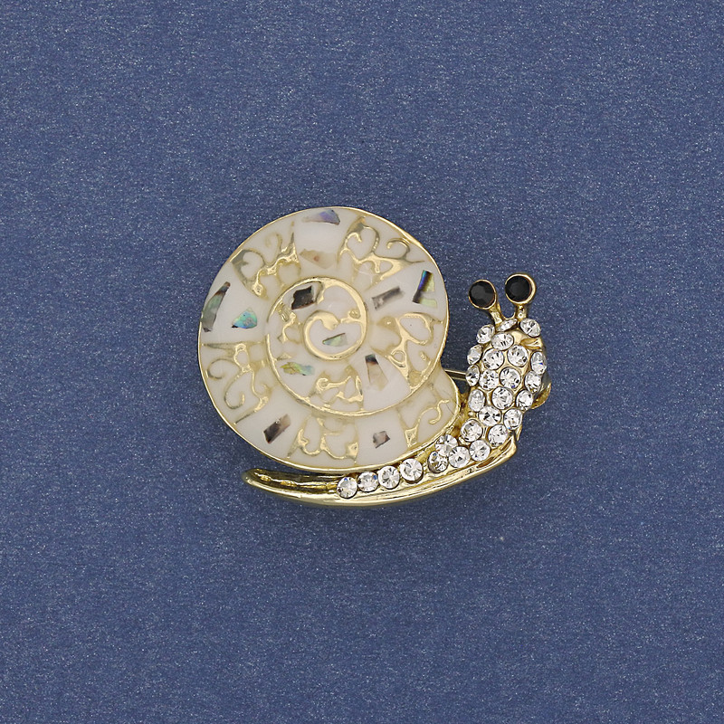 Brooch Snail Chalcedony White Crystals Metal Colour Gold 20x26mm+