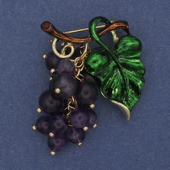 Brooch Pendant Grapes with Amethyst Beads and Green Enamel, Gold-toned Metal 36x40mm