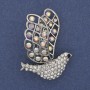 Brooch Blue Dove with White and Rainbow Rhinestones, Silver Metal 41x31mm+
