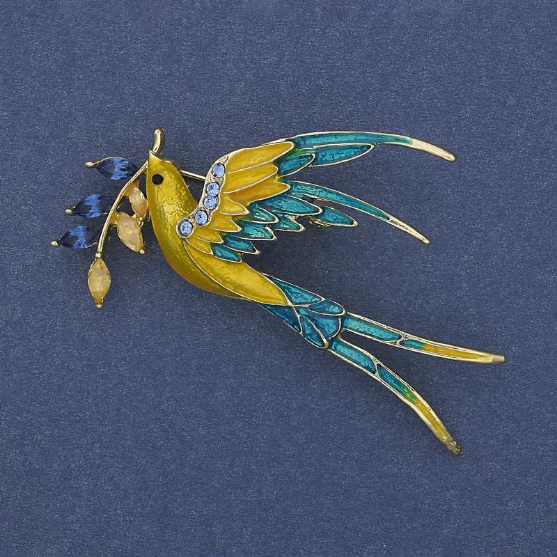 Brooch Bird with Branch in Yellow and Blue Enamel, Blue and Yellow Rhinestones, Gold-tone Metal 62x36mm+