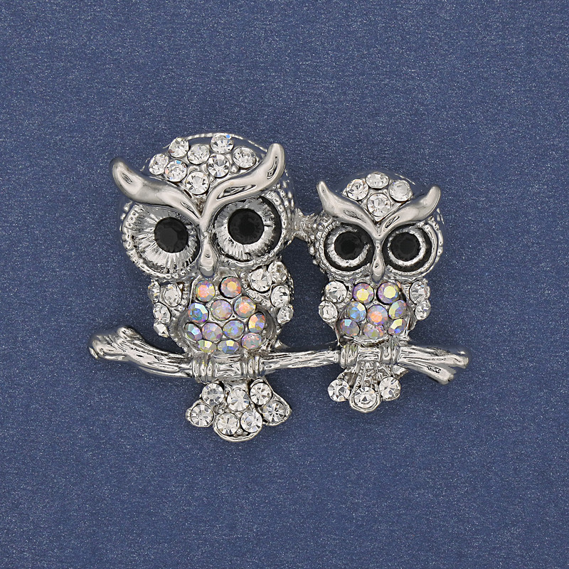 Brooch pendant Owl with rhinestones silver metal 37x29mm+