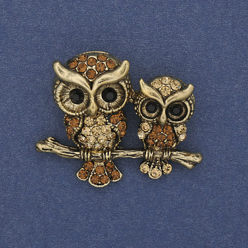 Brooch Pendant Owl Yellow Crystals Golden Metal 37×29mm+