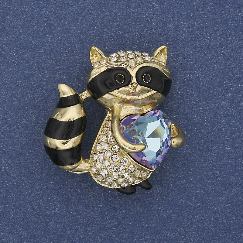 Brooch Pendant Raccoon White Rhinestones Crystal Heart Gold-Tone Metal 32x30mm+