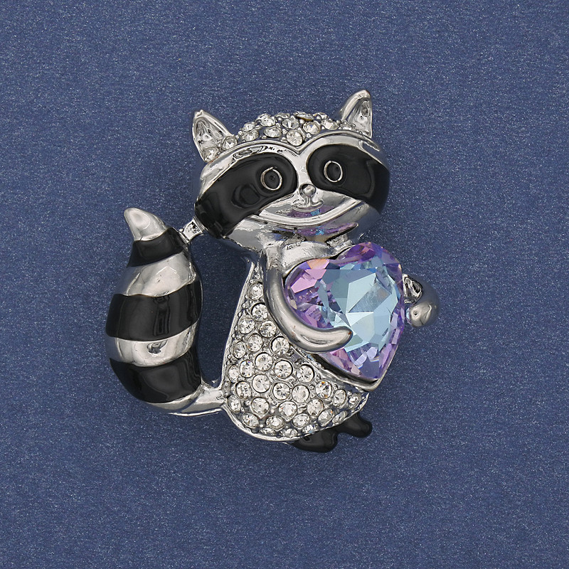 Brooch Pendant Raccoon White Rhinestones Crystal Heart Silver-Tone Metal 32x30mm+