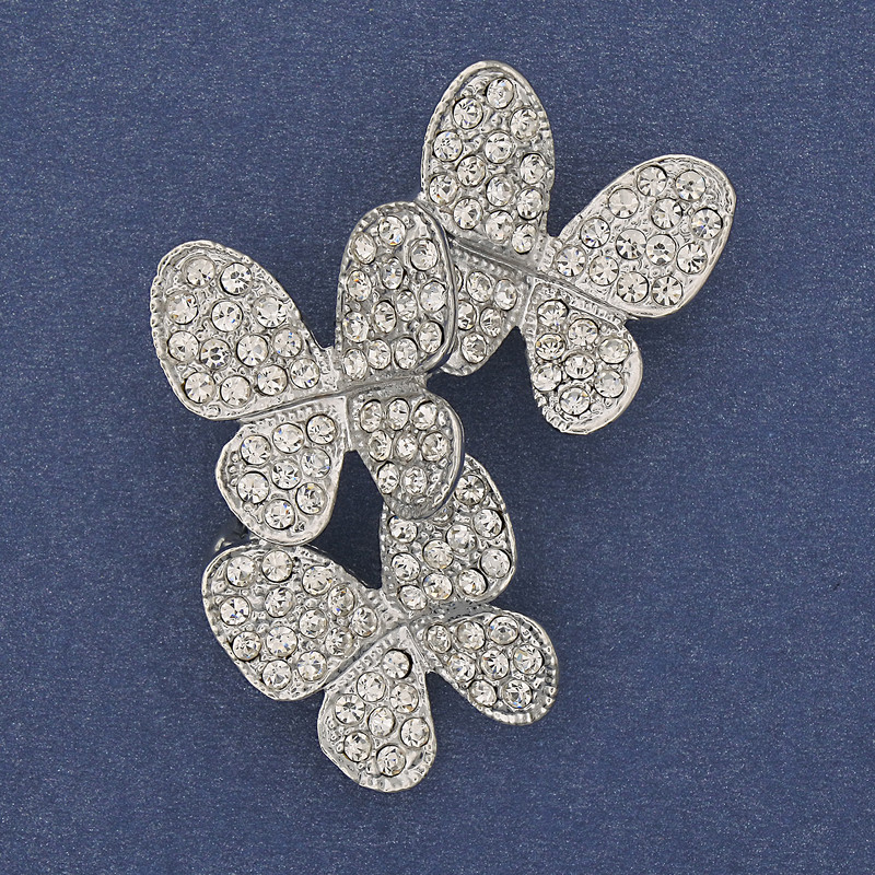 Brooch Pendant Butterflies White Rhinestones Silver-Tone Metal 44x33mm