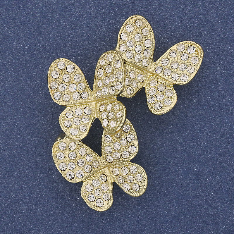 Brooch Pendant Butterflies White Rhinestones Gold-Tone Metal 44x33mm