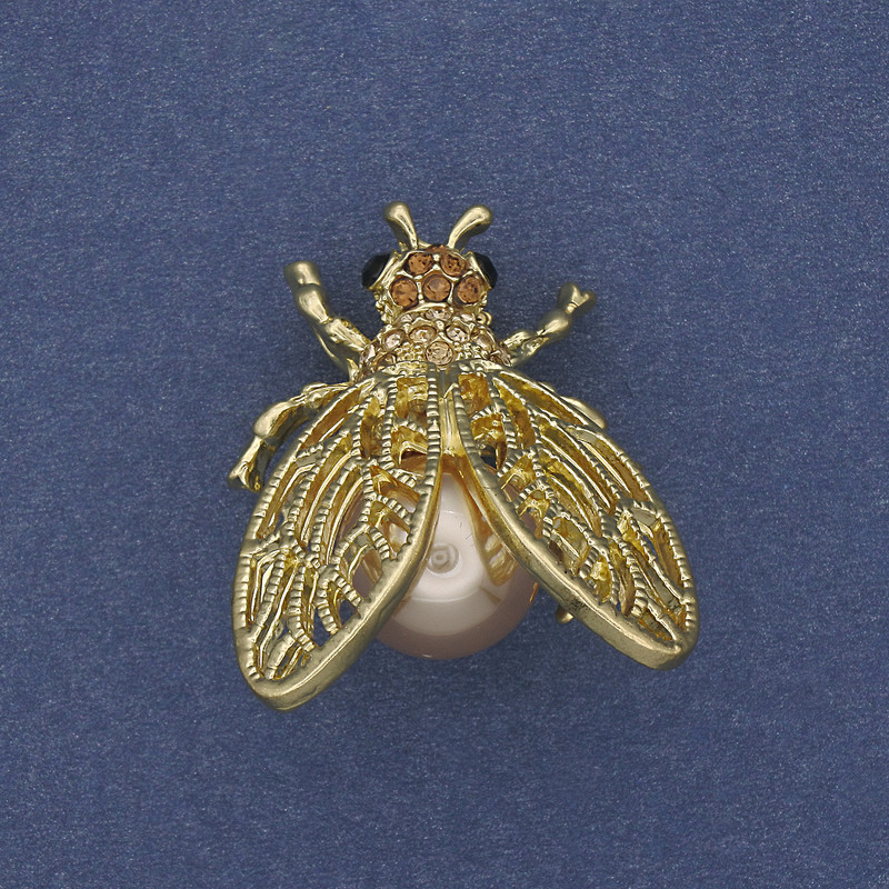 Brooch Pendant Butterfly Multicolour Rhinestones Beige Bead Gold-Tone Metal 26x33mm