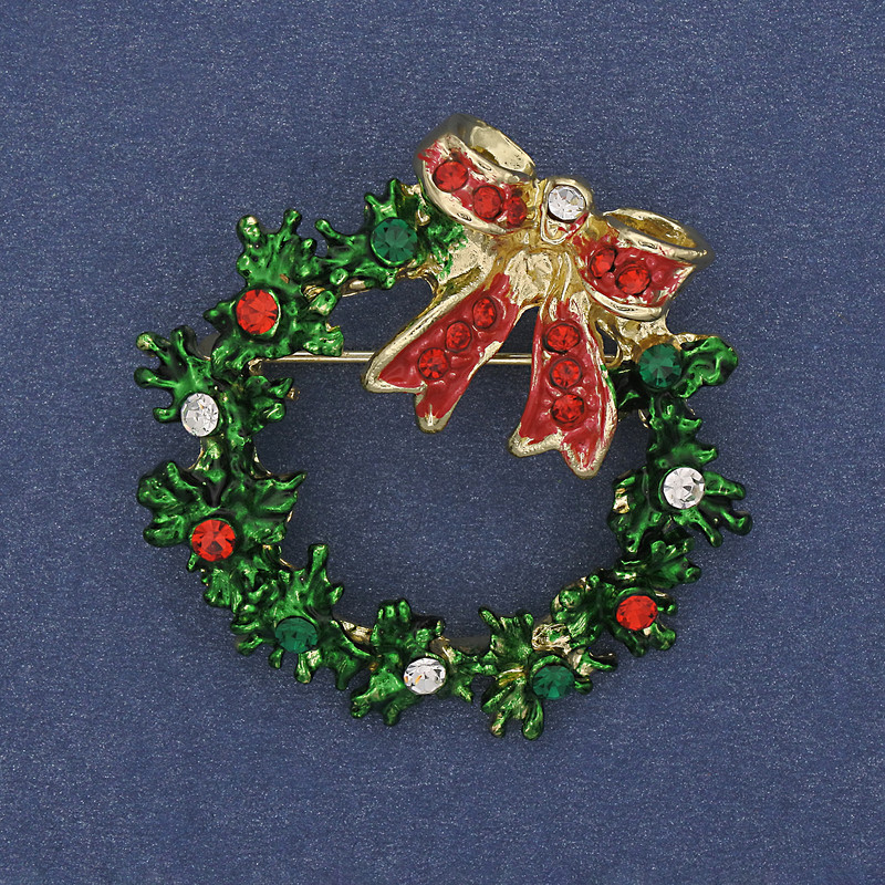 Brooch Pendant Christmas Wreath Enamel with Crystals Gold-tone Metal 36mm+