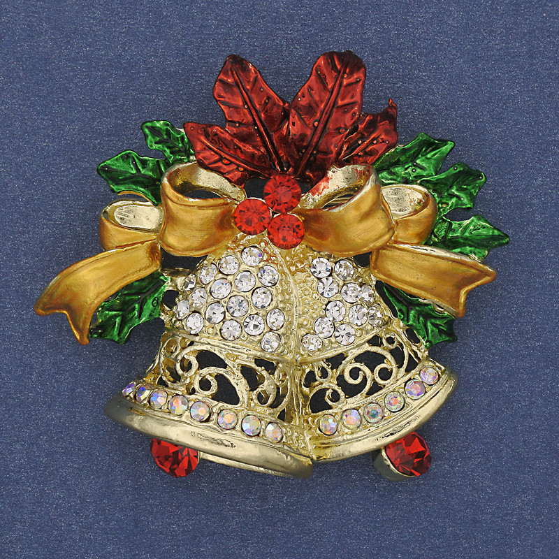 Brooch Pendant Christmas Bells Enamel Crystals Golden Metal 45x47mm+