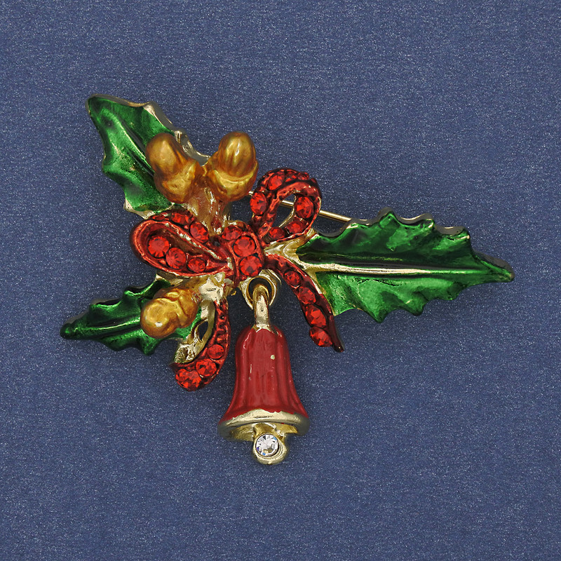 Brooch Pendant New Year Branch with Bow and Bell Enamel Crystals Gold-Tone Metal 44x30mm+