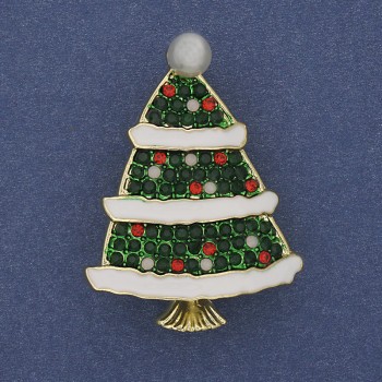 Brooch Pendant Christmas Tree Green and White Enamel with Crystals Pearl Gold-toned Metal 40x30mm +