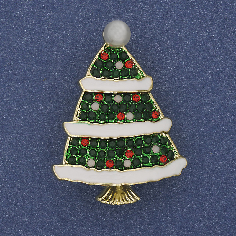 Brooch Pendant Christmas Tree Green and White Enamel with Crystals Pearl Gold-toned Metal 40x30mm +