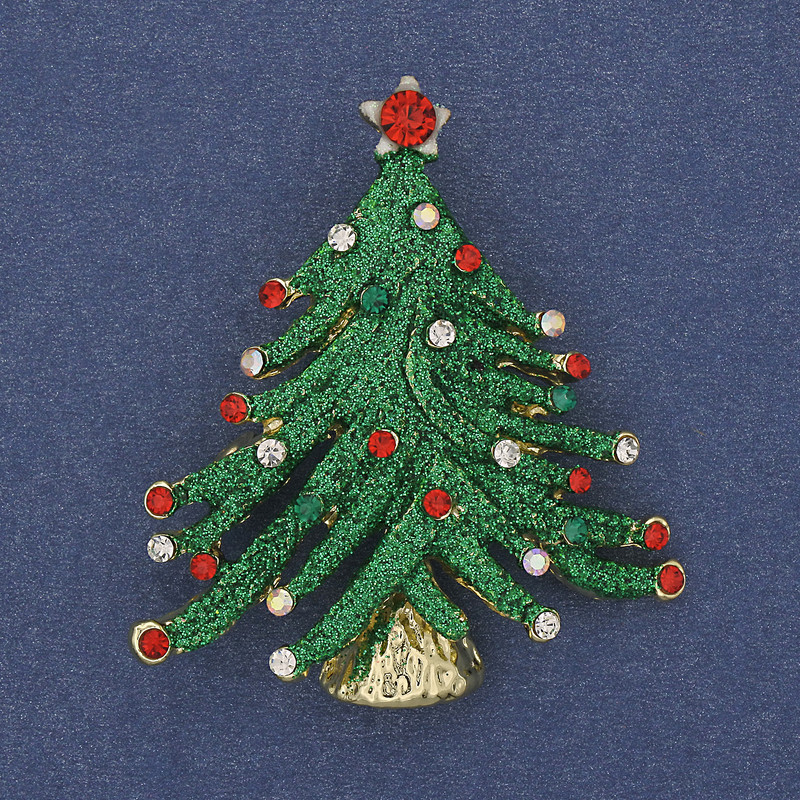 Brooch Pendant Christmas Tree Green Enamel with Crystals Gold-toned Metal 43x37mm +
