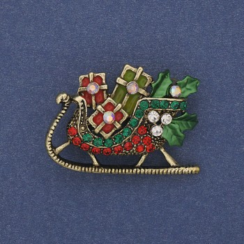 Brooch 'New Year Sleigh' colourful enamel rhinestones gold-tone metal 35×24 mm +