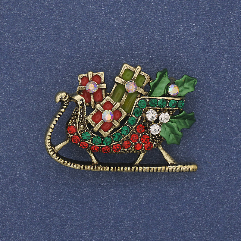 Brooch 'New Year Sleigh' colourful enamel rhinestones gold-tone metal 35×24 mm +
