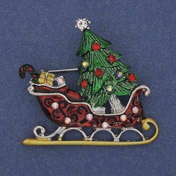 Brooch Christmas Sledge in Colour Enamel with Crystals Silver Metal 42×39mm +
