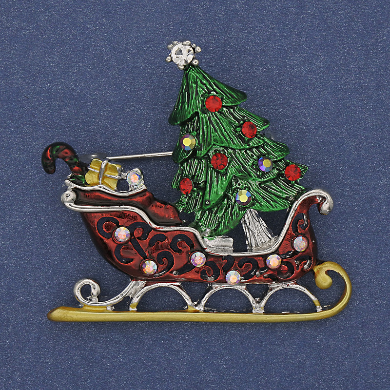 Brooch Christmas Sledge in Colour Enamel with Crystals Silver Metal 42×39mm +