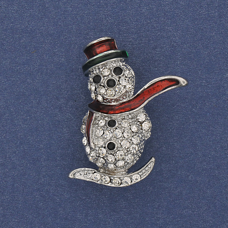 Brooch Snowman enamel white rhinestones silver metal 32x22mm +