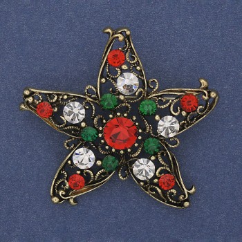 Brooch Christmas Star with Crystals Gold-toned Metal 50mm +