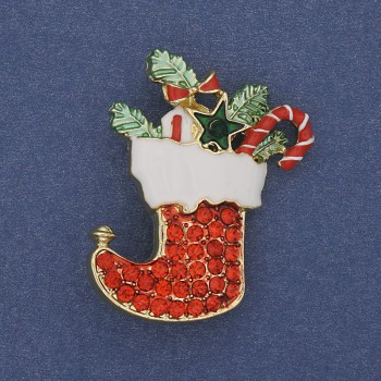 Brooch Pendant Christmas Boot Enamel Red Rhinestones Gold-Tone Metal 38×28mm +