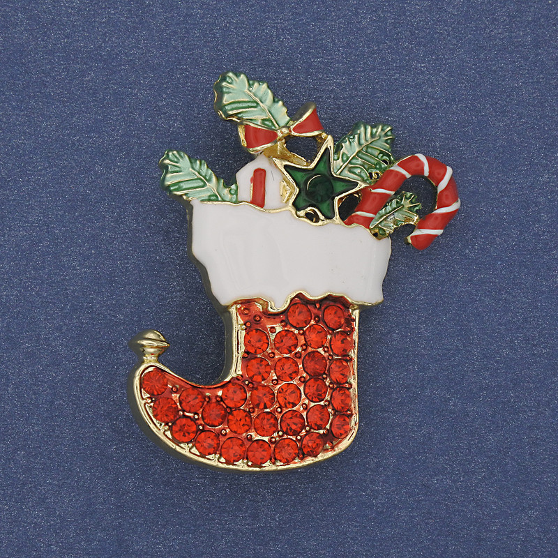 Brooch Pendant Christmas Boot Enamel Red Rhinestones Gold-Tone Metal 38×28mm +